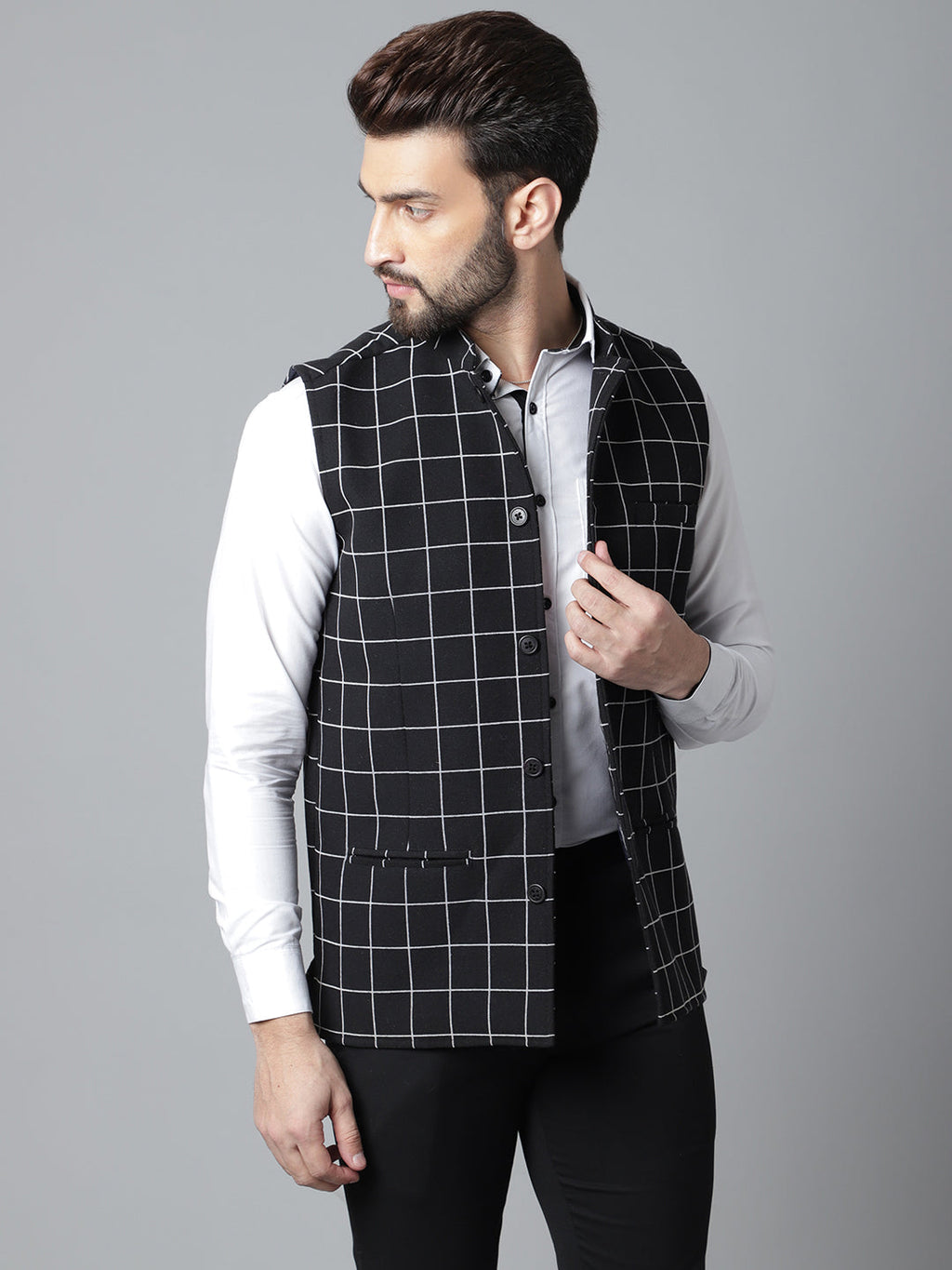 Even Apparels Men's Black Nehru Jacket With Welt Pockets | Grocsy