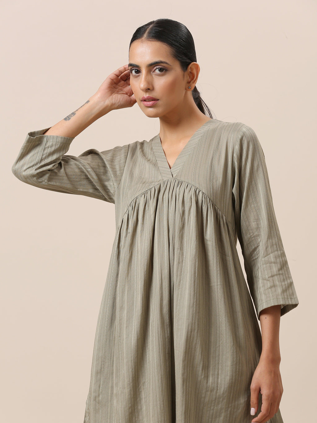 trueBrowns Cotton Olive Green Flared Slit Kurta Pant Set | Grocsy