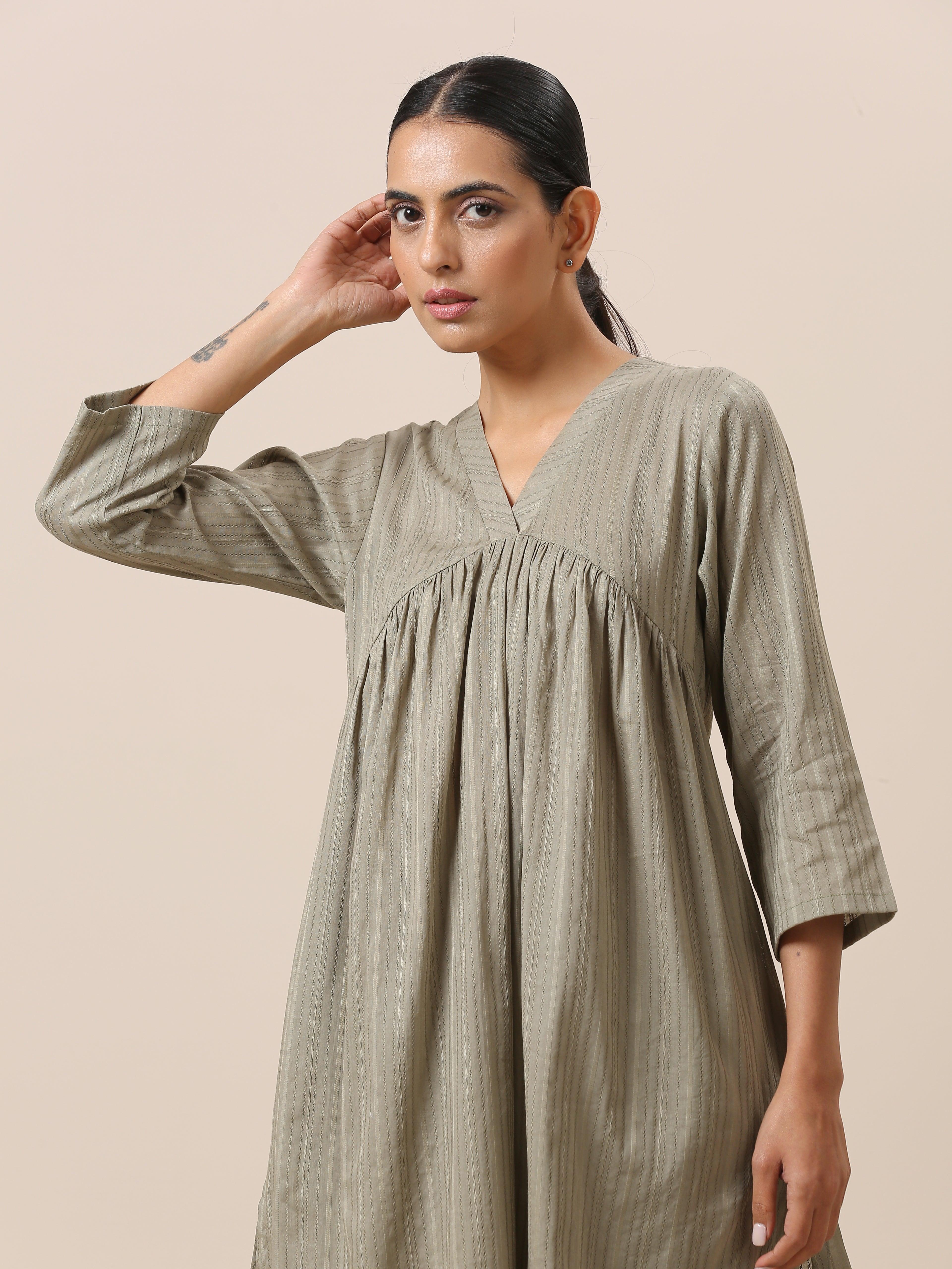 trueBrowns Cotton Olive Green Flared Slit Kurta Pant Set | Grocsy