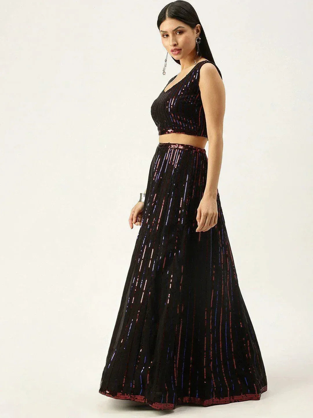 Tulsi Art Black Embellished Sequinned Semi-Stitched Myntra Lehenga & Unstitched Blouse With Dupatta | Grocsy