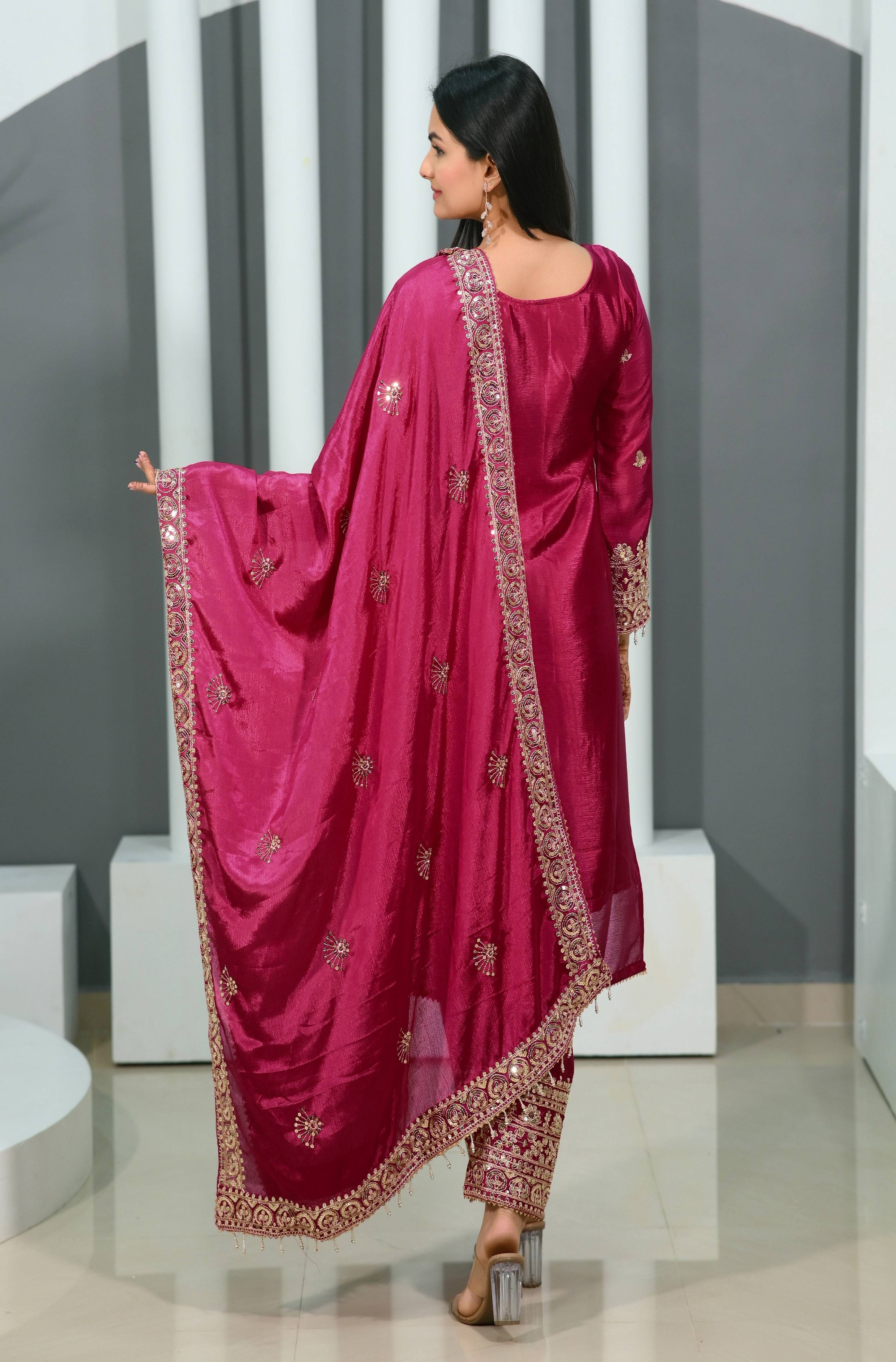 Teeya Creation Rani Color Chinon Silk Heavy Embroidery Work Fully Stitched Salwar Suit | Grocsy