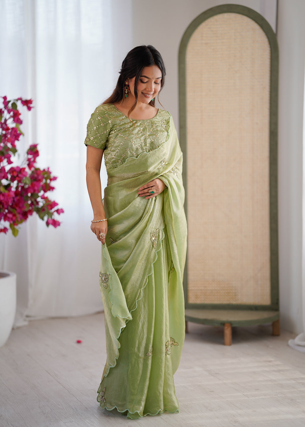 Evanik Designer Heavy Fendy Satin With Beads Embroidered Work Saree With Unstitched Blouse | Grocsy