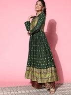 InWeave Women's Bottle Green Gold Border Anarkali Kurta | Grocsy