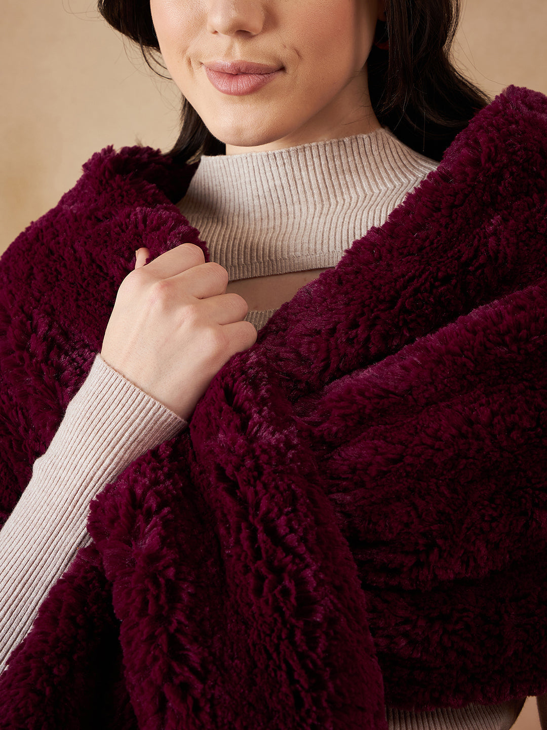 InWeave Women's Burgundy Long Faux Fur Cape | Grocsy