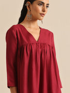 trueBrowns Maroon Slub Gathered Kurta Pant Set | Grocsy