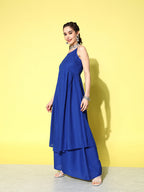 InWeave Women's Ink Blue Strappy Kurta Set With Peach Organza Cape | Grocsy
