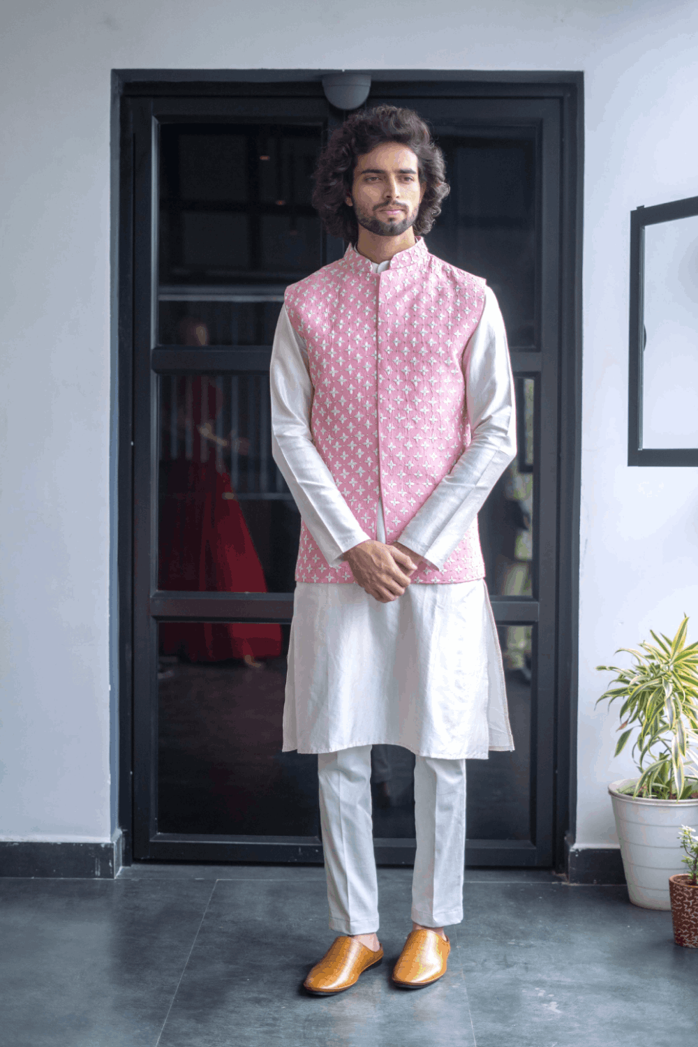 Light Pink Designer Men's Nehru Jacket by Hilo Design | Grocsy