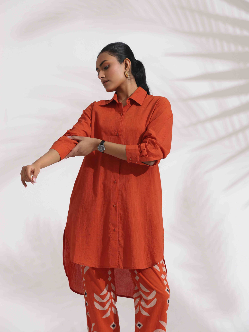 trueBrowns Orange Cotton Solid Shirt Kurta Co-ord Set | Grocsy