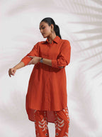 trueBrowns Orange Cotton Solid Shirt Kurta Co-ord Set | Grocsy