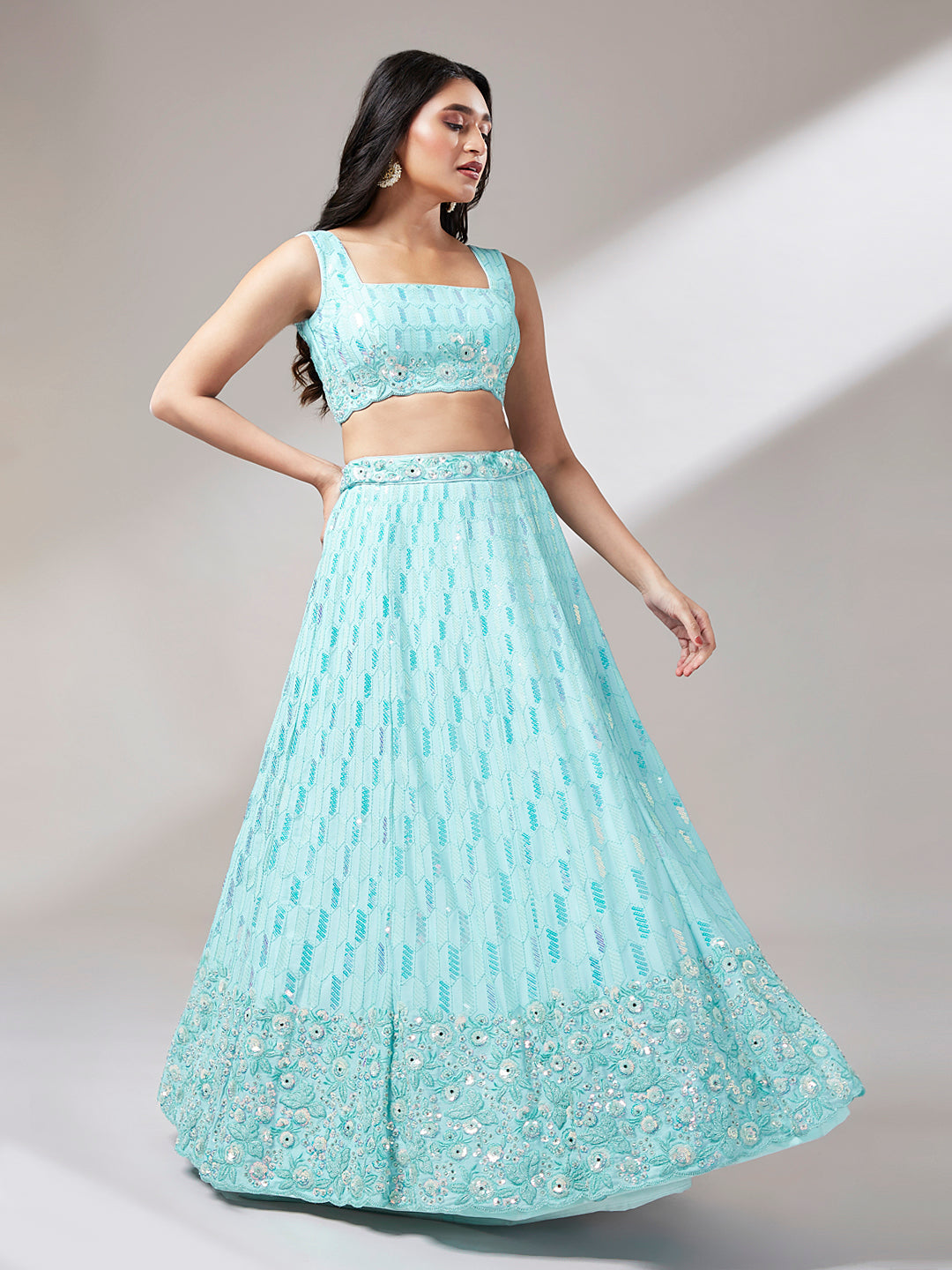 House of Panchhi Turquoise Blue Georgette Sequinse Embroidery Lehenga Choli & Dupatta | Grocsy