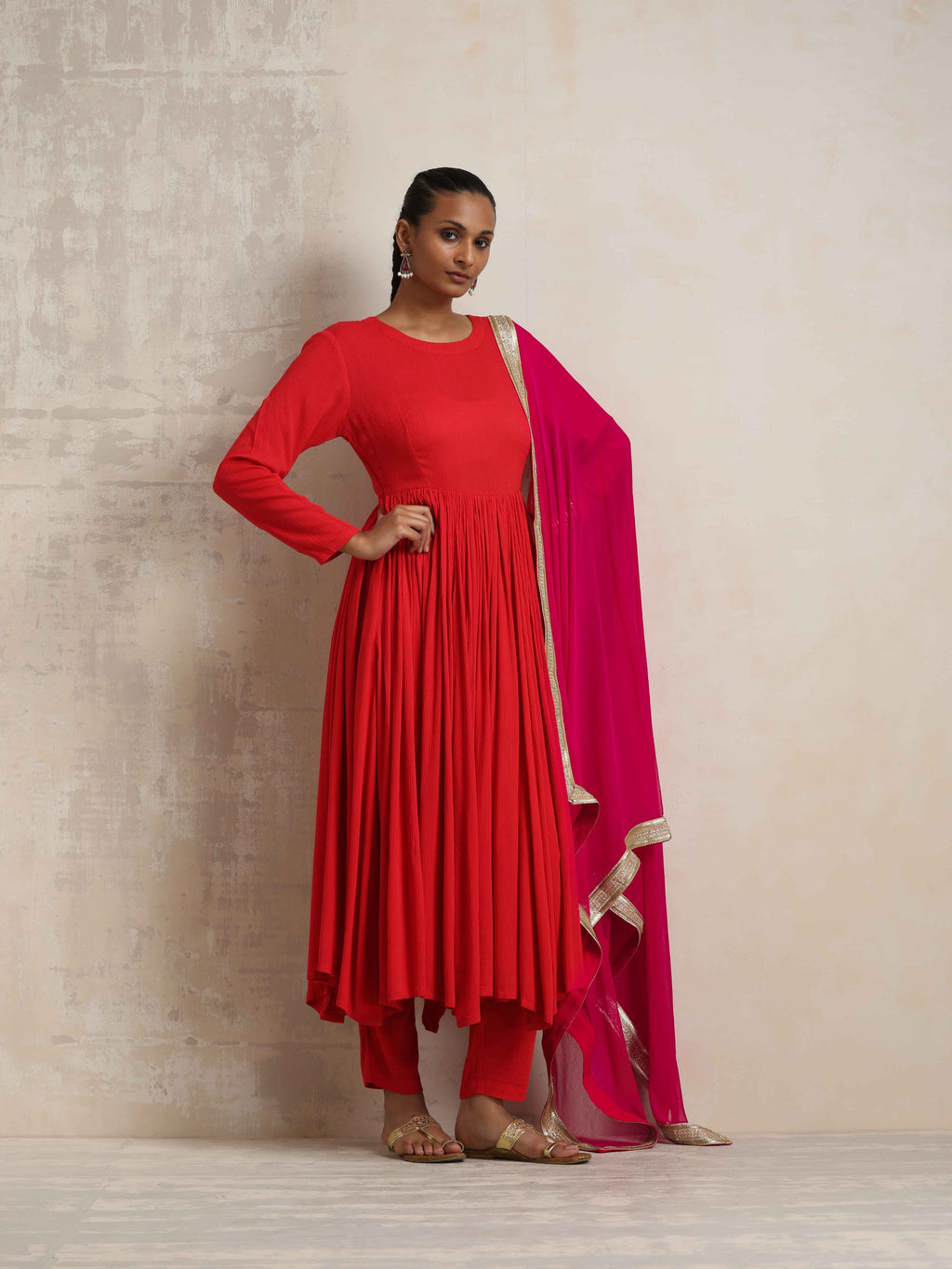 trueBrowns Red Crinkle Anarkali Kurta Pant Dupatta Set | Grocsy