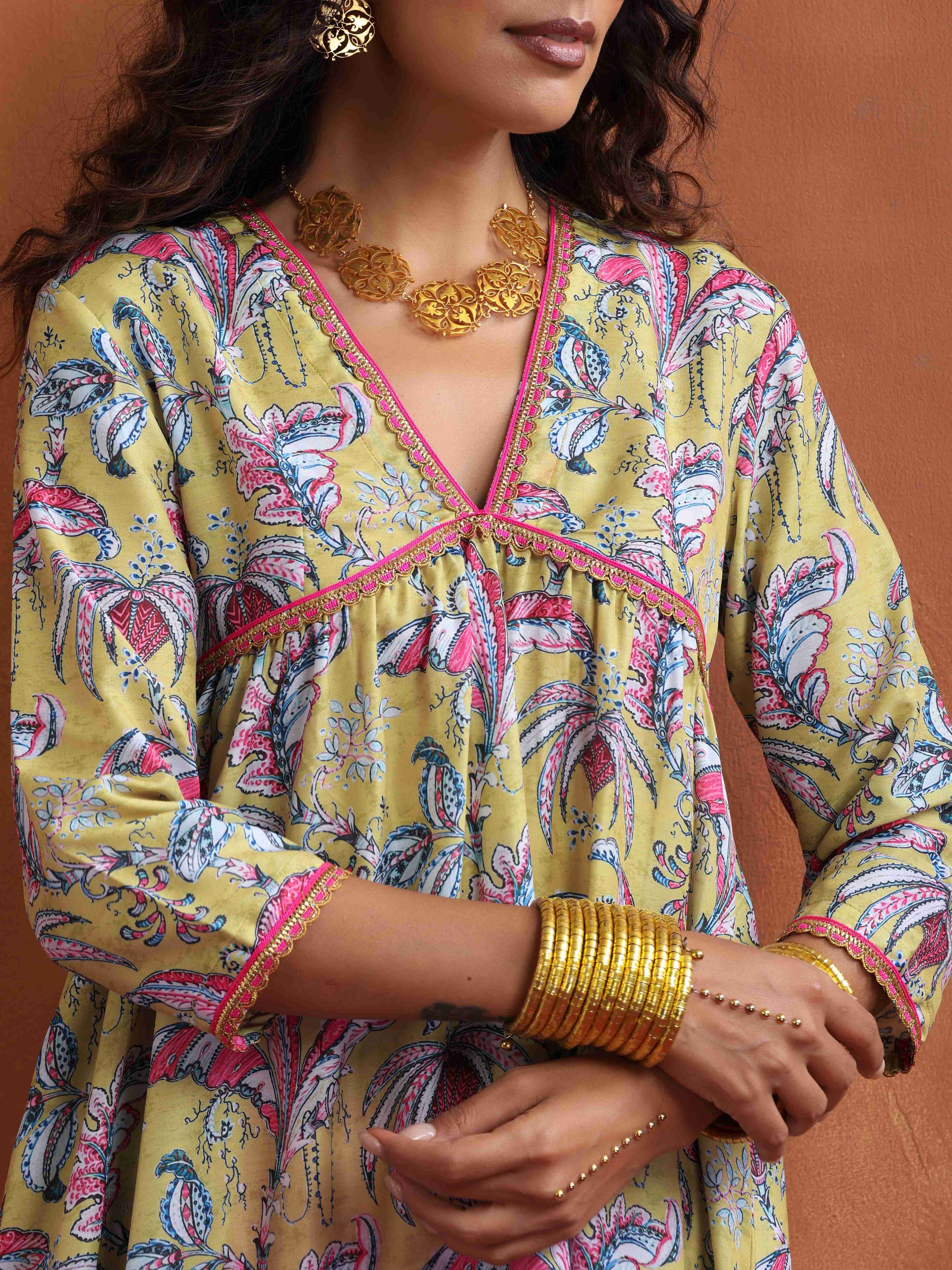 trueBrowns Yellow Print Anarkali Kurta Co-ord Set | Grocsy
