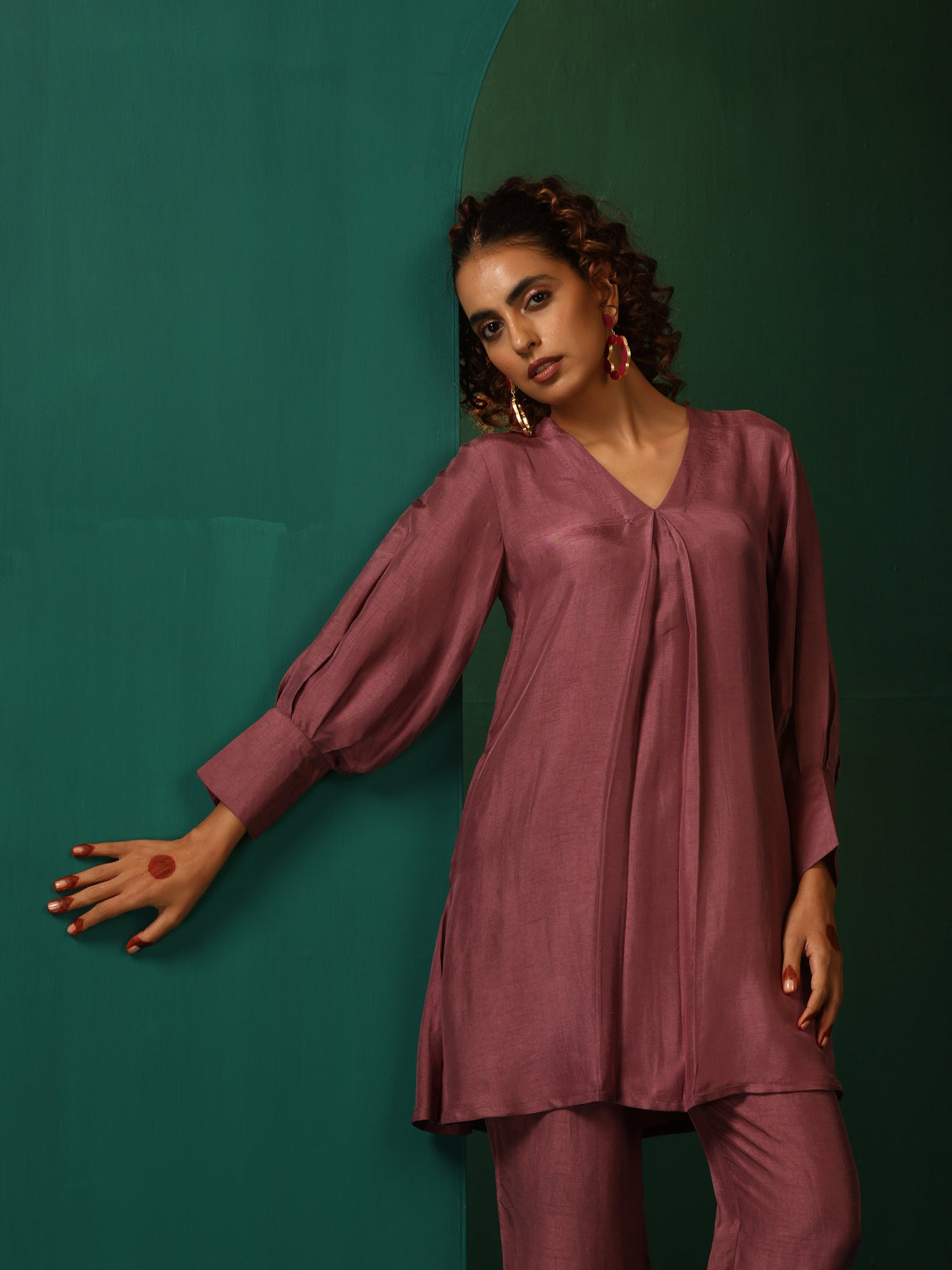 trueBrowns Light Mauve Silk Front Pleat Co-ord Set | Grocsy