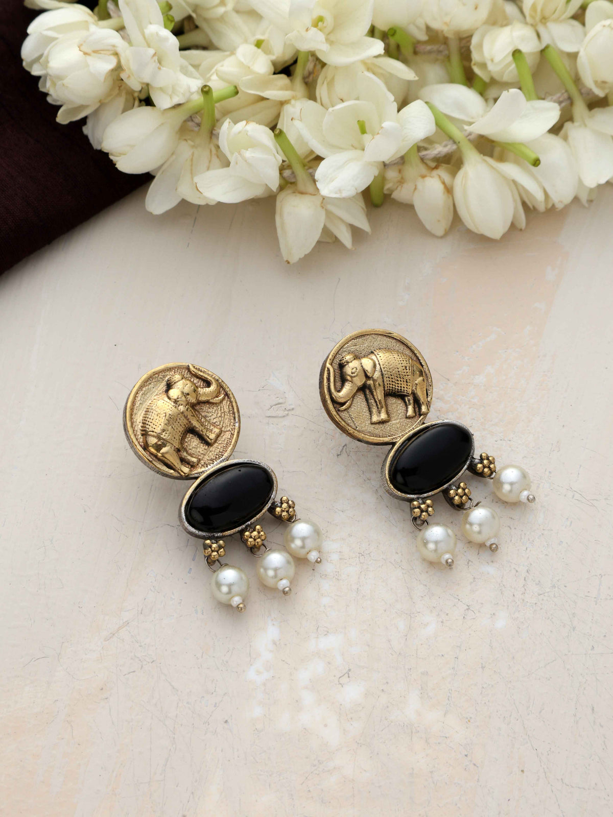 trueBrowns Gold Elephant Embossed Dangle Earrings | Grocsy