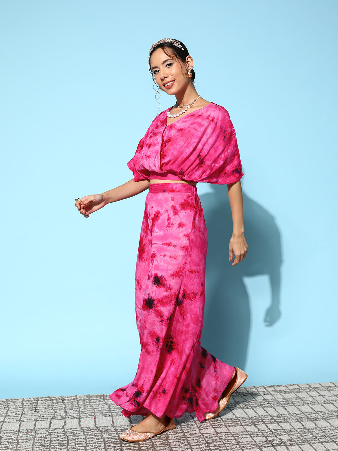 InWeave Women's Magenta Tie And Dye New Neckline Top Culottes Set | Grocsy