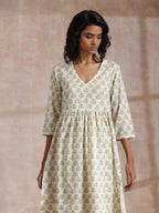 trueBrowns Green Buta On Off White Block Print Cotton Slit Gathered Kurta Set | Grocsy