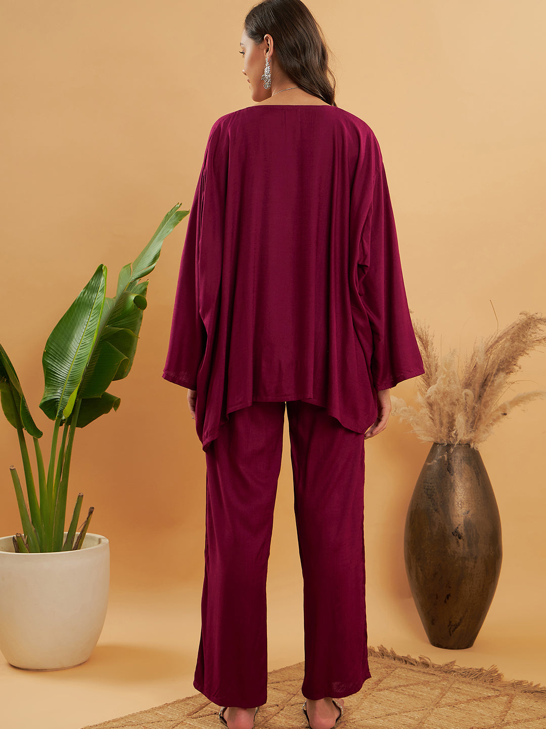 InWeave Women's Jam Wine Solid Boho Full Sleeve Coord Set | Grocsy