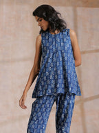 trueBrowns Indigo Dabu Zig-Zag Motifs Print Cotton Sleeveless Co-Ord Set | Grocsy