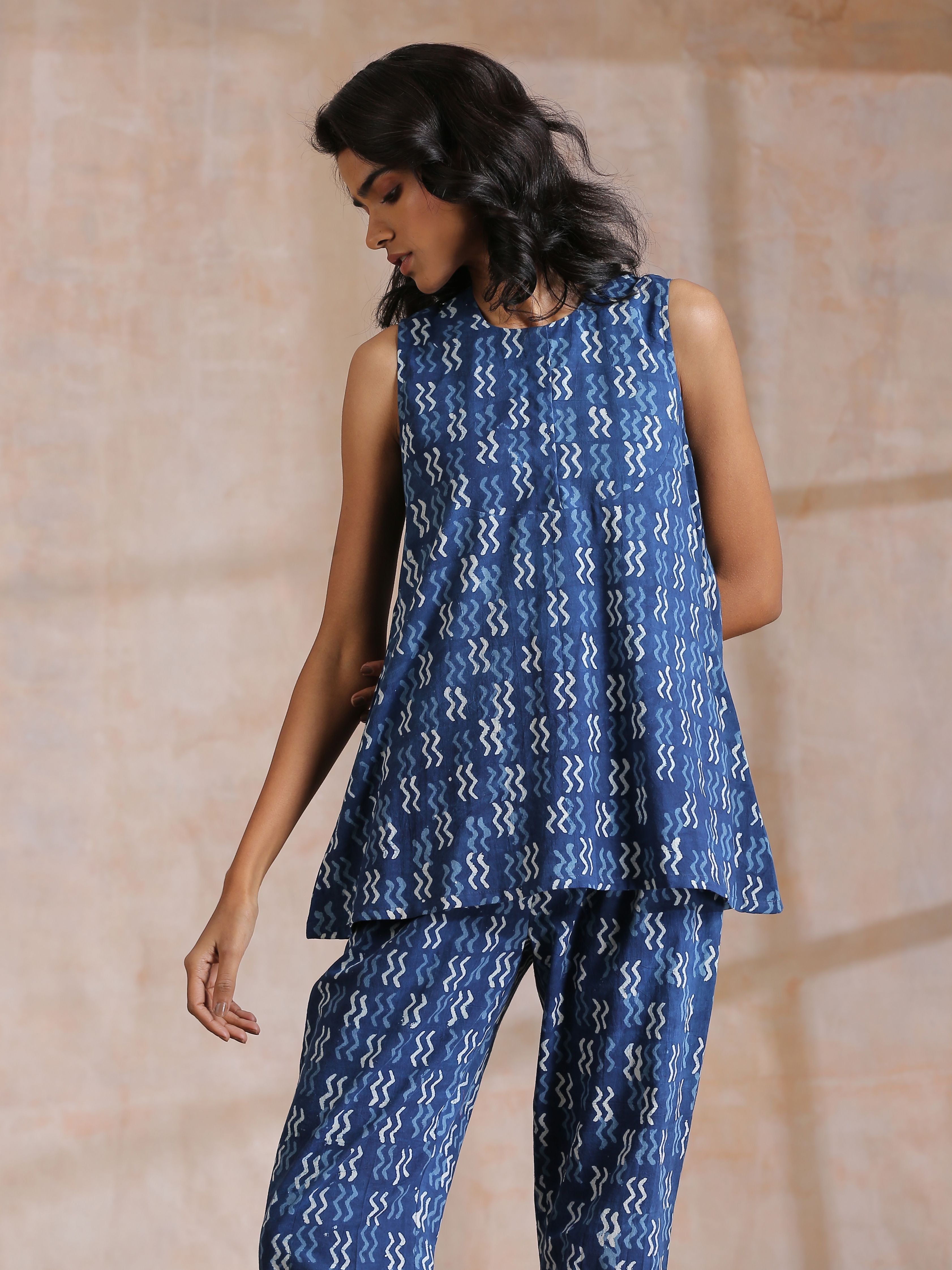 trueBrowns Indigo Dabu Zig-Zag Motifs Print Cotton Sleeveless Co-Ord Set | Grocsy