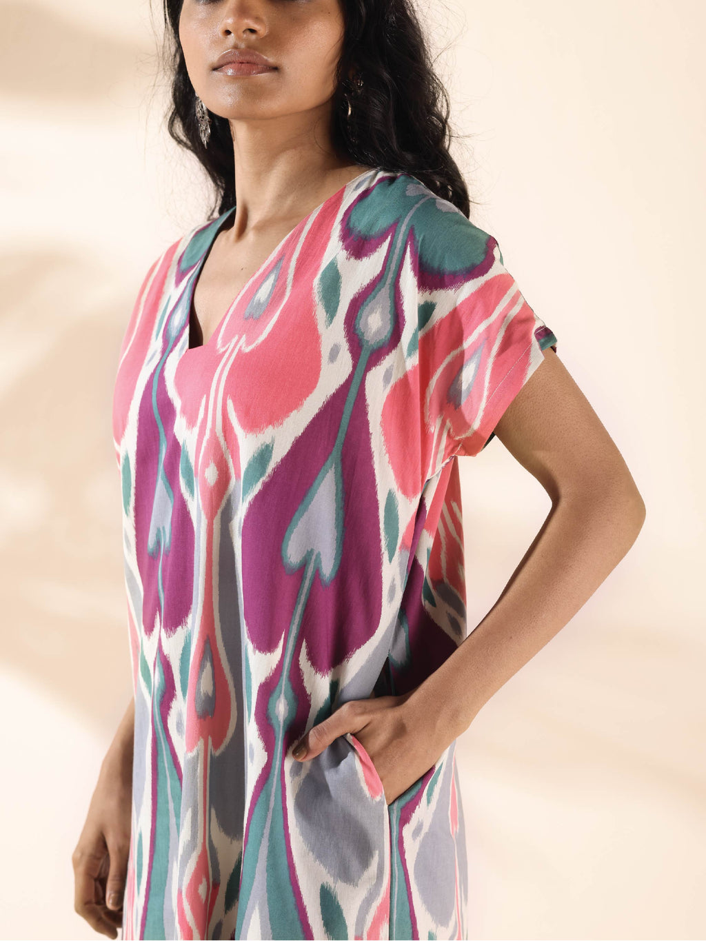 trueBrowns Green Cotton Ikat Slit Dress | Grocsy