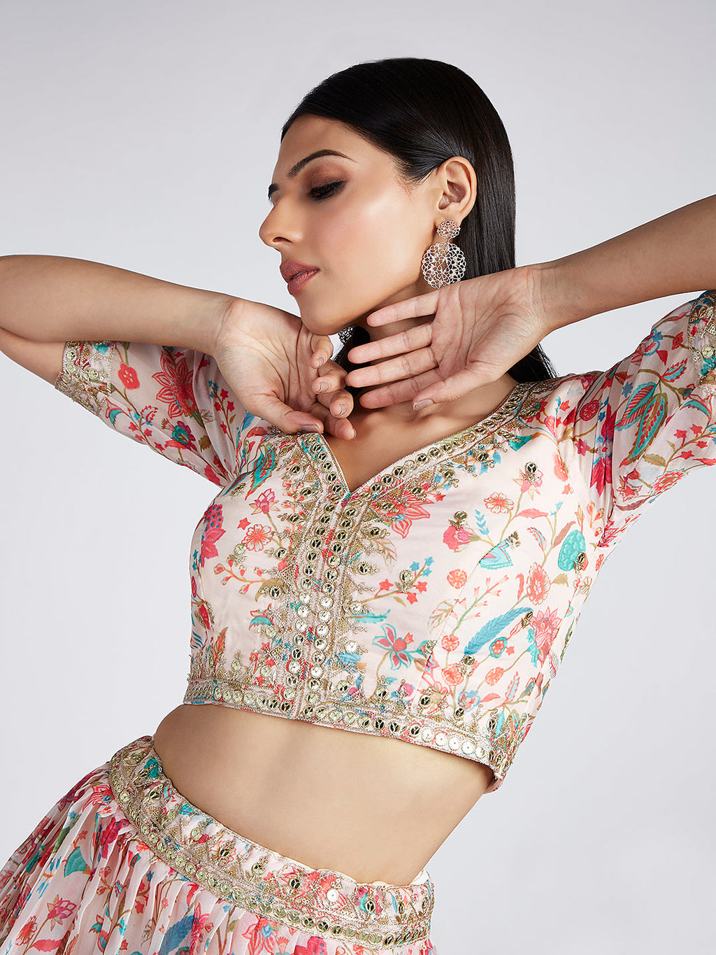 House of Panchhi Cream Colour Organza Floral Design Digital Print Lehenga Choli & Dupatta | Grocsy