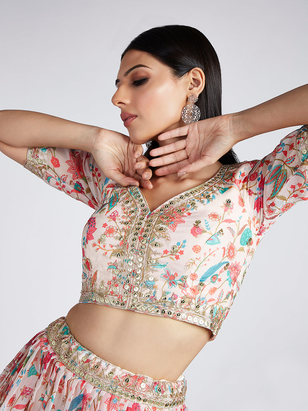 House of Panchhi Cream Colour Organza Floral Design Digital Print Lehenga Choli & Dupatta | Grocsy