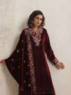 trueBrowns Maroon Velvet Floral Embroidered Kurta Pant Dupatta Set | Grocsy