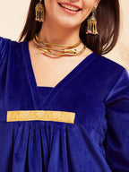 InWeave Women's Royal Blue V Neck Asymmetrical Pleated Velvet Kurta Set | Grocsy