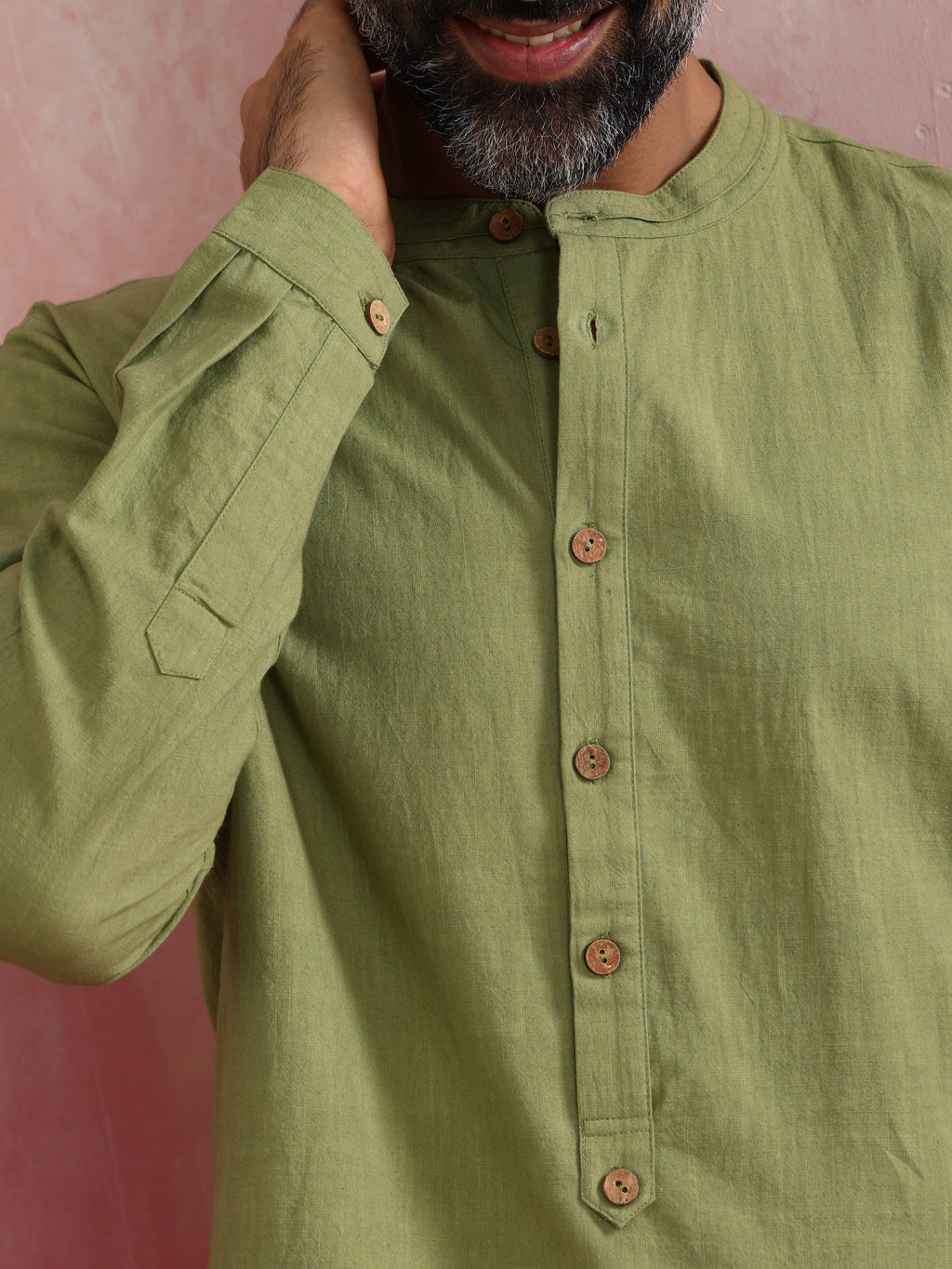 trueBrowns Men's Pista Green Cotton Mandarin Collar Stylized Kurta | Grocsy