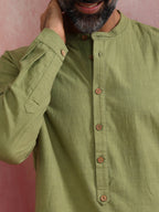 trueBrowns Men's Pista Green Cotton Mandarin Collar Stylized Kurta | Grocsy