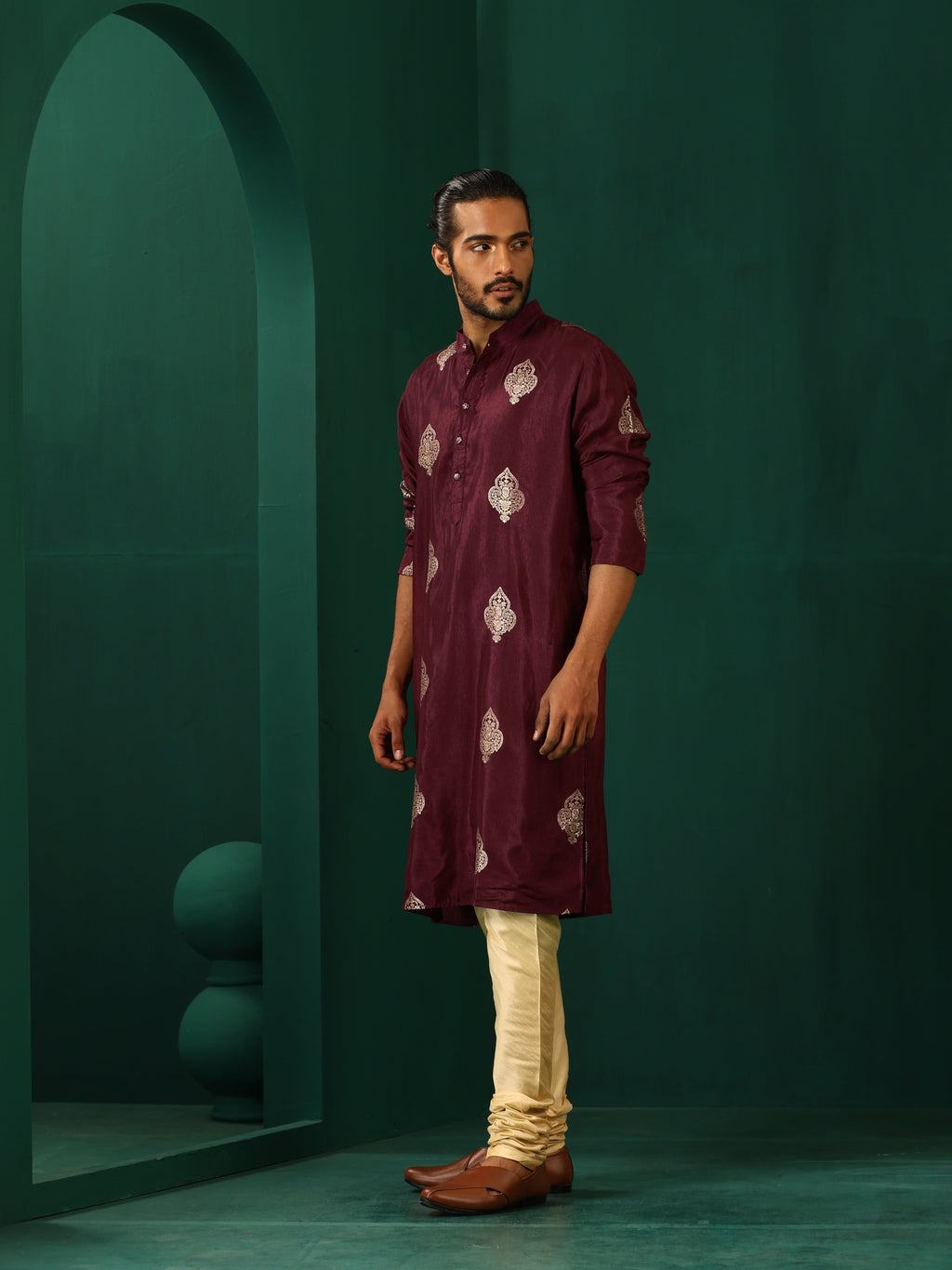trueBrowns Men's Wine Geometric Viscose Silk Long Kurta | Grocsy