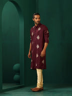 trueBrowns Men's Wine Geometric Viscose Silk Long Kurta | Grocsy
