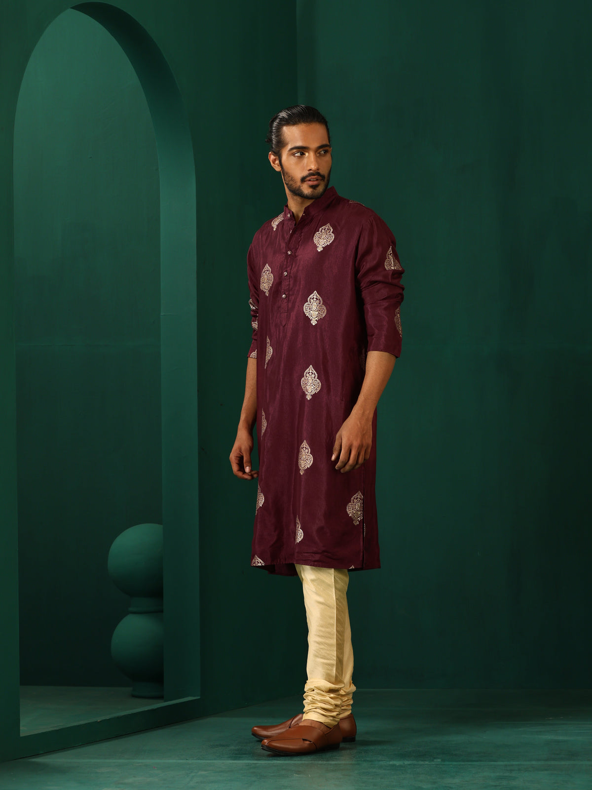 trueBrowns Men's Wine Geometric Viscose Silk Long Kurta | Grocsy