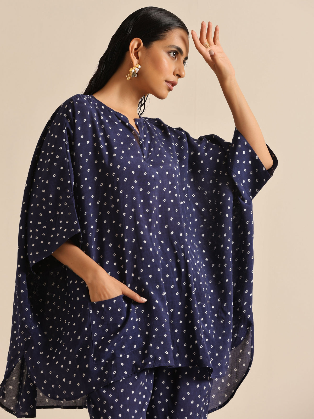 trueBrowns Blue Bandhani Silk Printed Boxy Fit Co-Ord Set | Grocsy