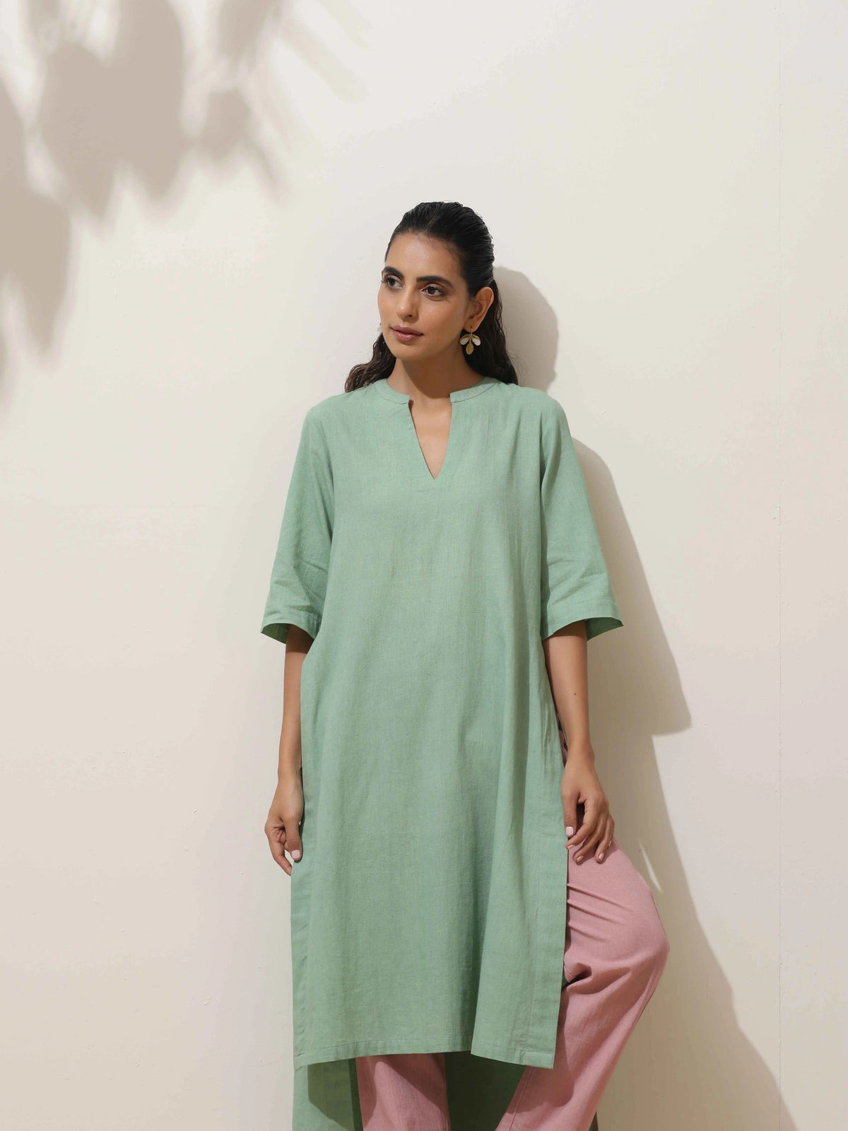 trueBrowns Mint Green Cotton Linen Kurta Pant Set | Grocsy