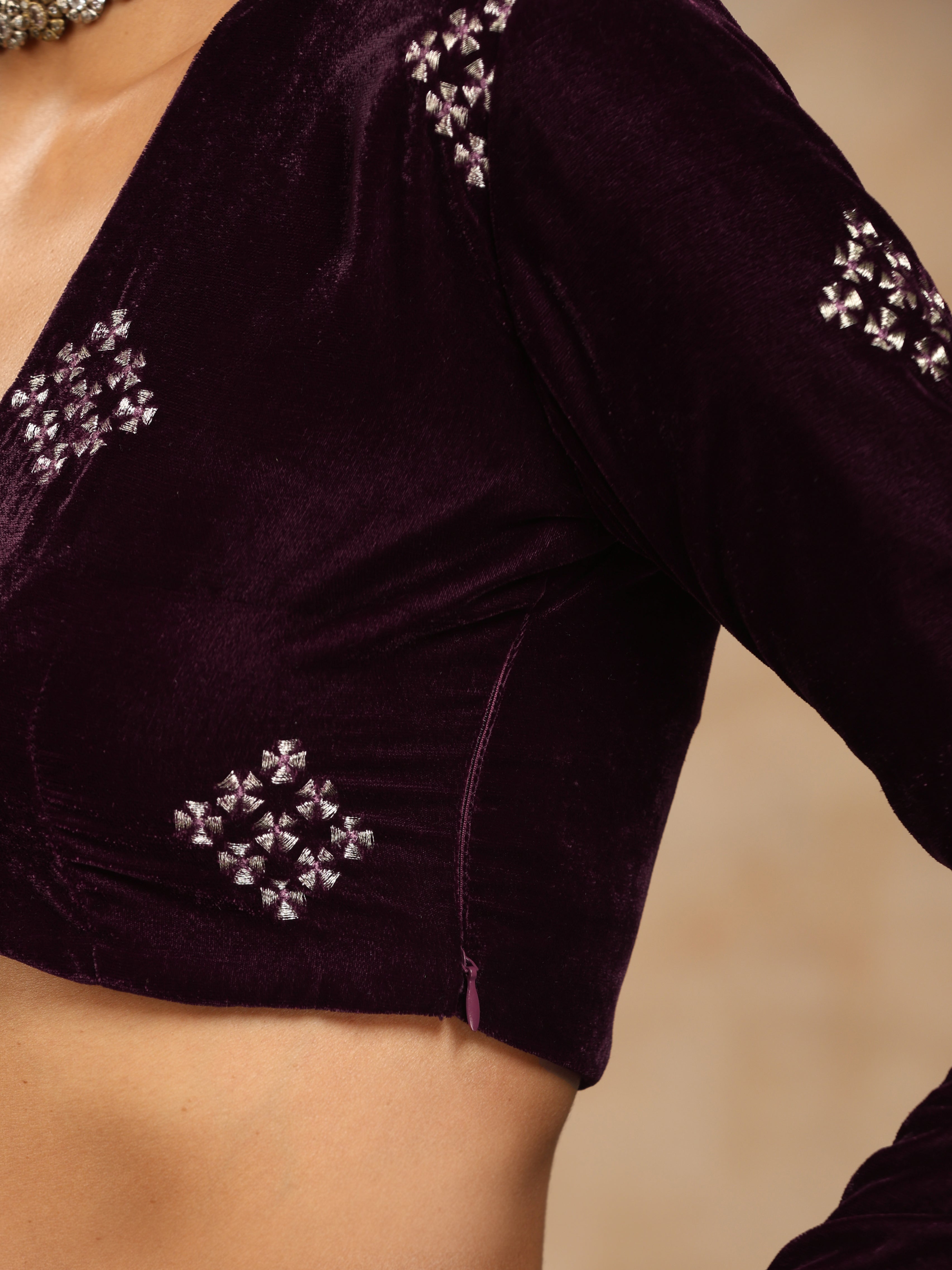 trueBrowns Wine Velvet Embroidered Blouse | Grocsy