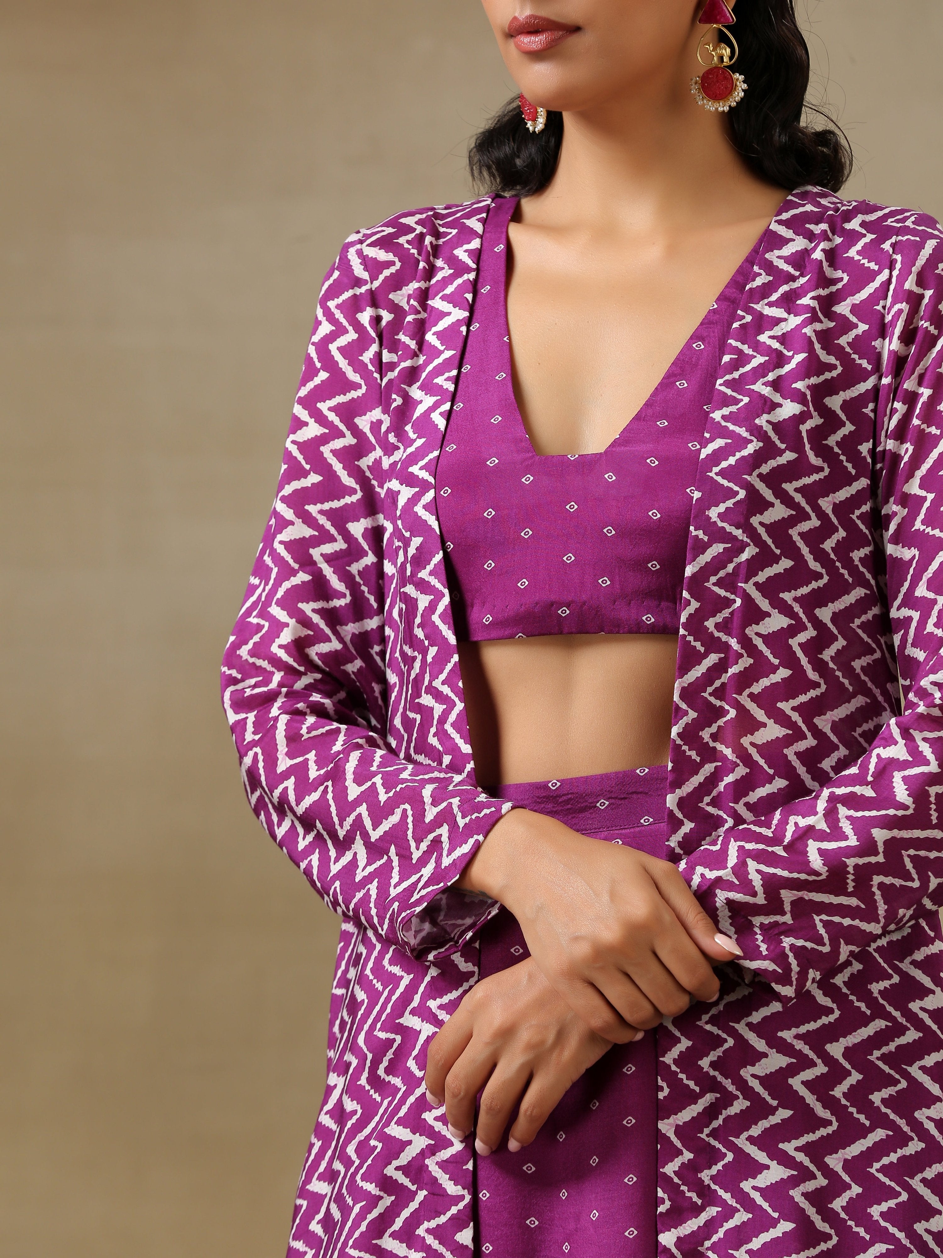 trueBrowns Purple Bandhani Printed Silk Top Skirt Jacket Set | Grocsy