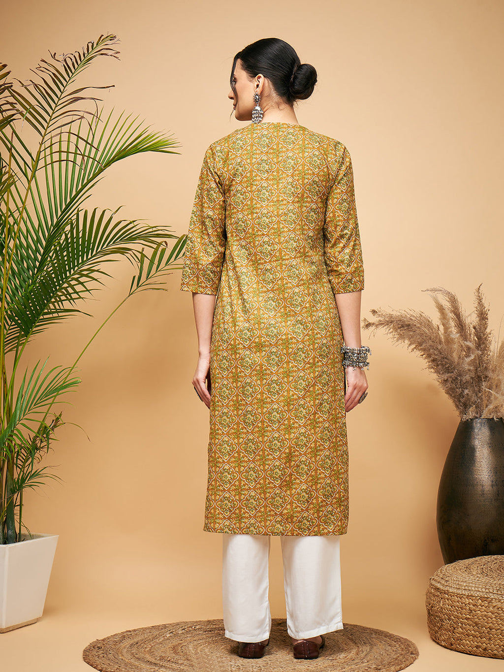 InWeave Women's Olive Ajrakh Print Cotton Patch Work Straight Kurta | Grocsy