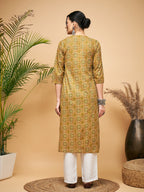 InWeave Women's Olive Ajrakh Print Cotton Patch Work Straight Kurta | Grocsy