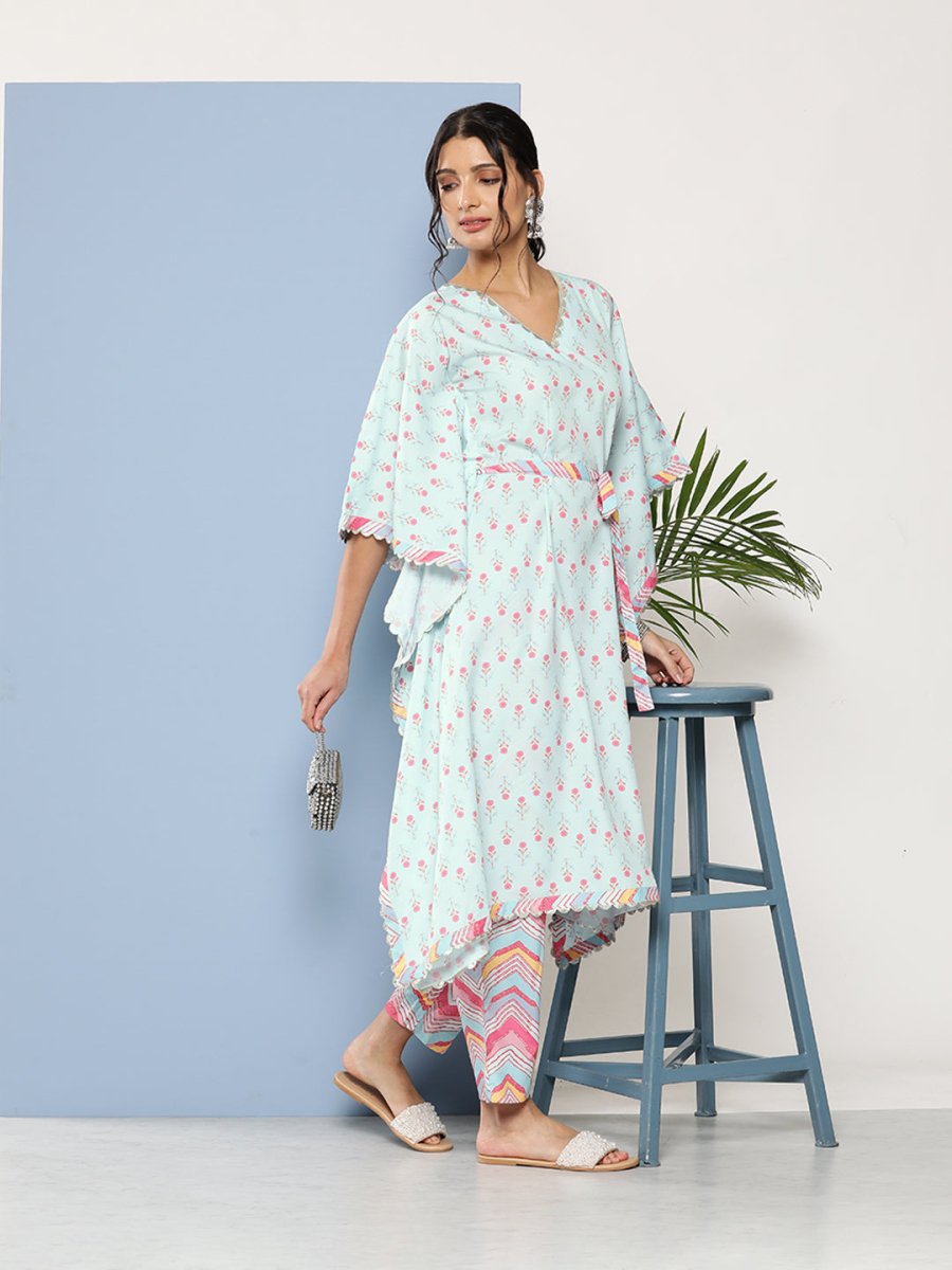 Ahalyaa Women Sea Green Floral Printed Gotta Patti Kurta with Trousers | Grocsy