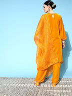 InWeave Women's Mustard Velvet Kurta Set With Mustard Kota Bandhani Dupatta | Grocsy