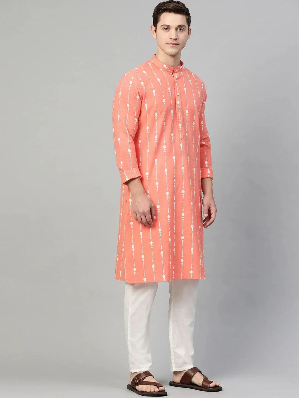 Fabmade Peach & White Printed Straight Kurta Pyjama | Grocsy