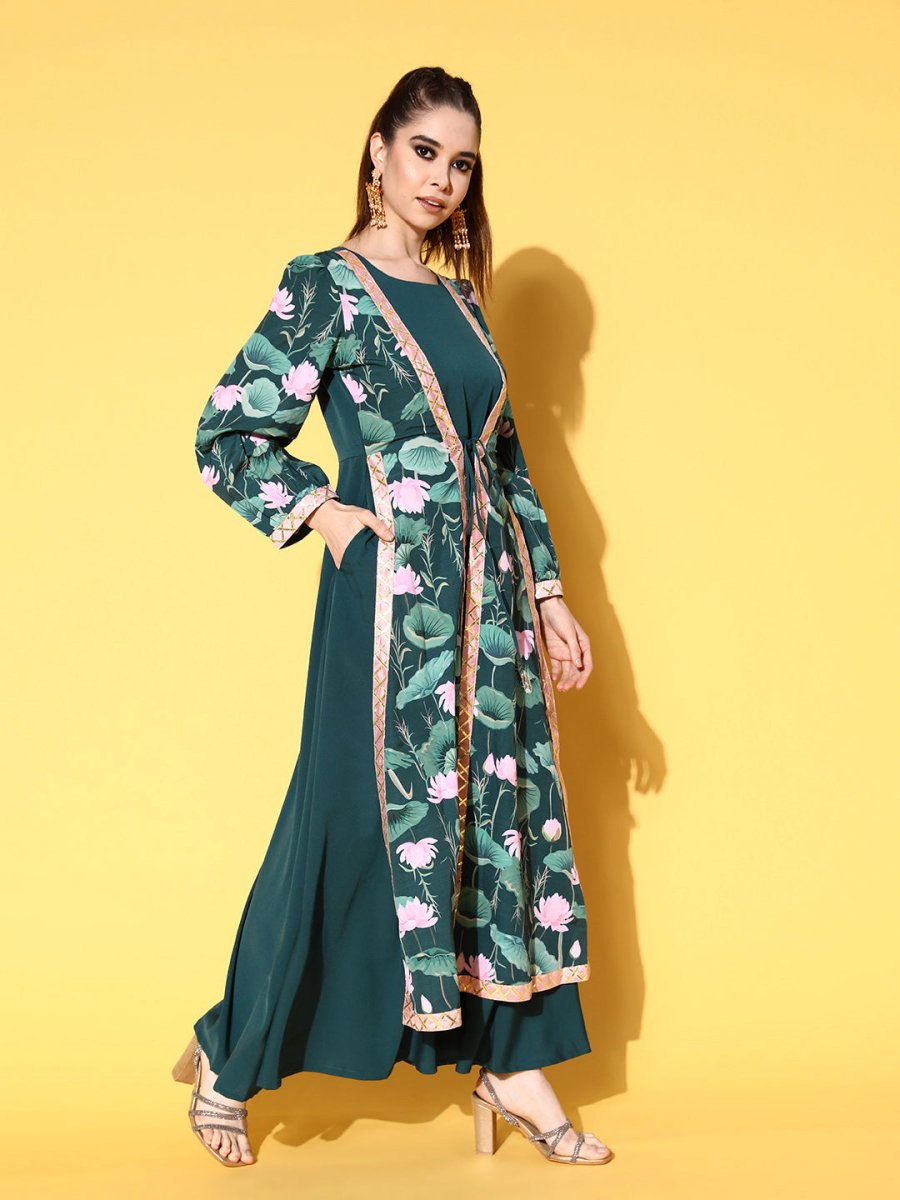 Ahalyaa Green Crepe Puff Sleeves Floral Printed Maxi Ethnic Dress with Waist Tie-Ups | Grocsy