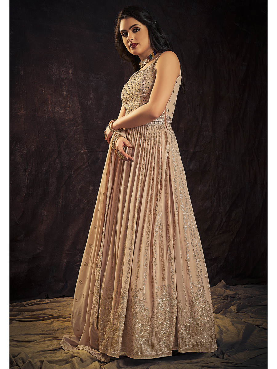 Myra Peach Real Georgette Designer Gown Style Suit | Grocsy