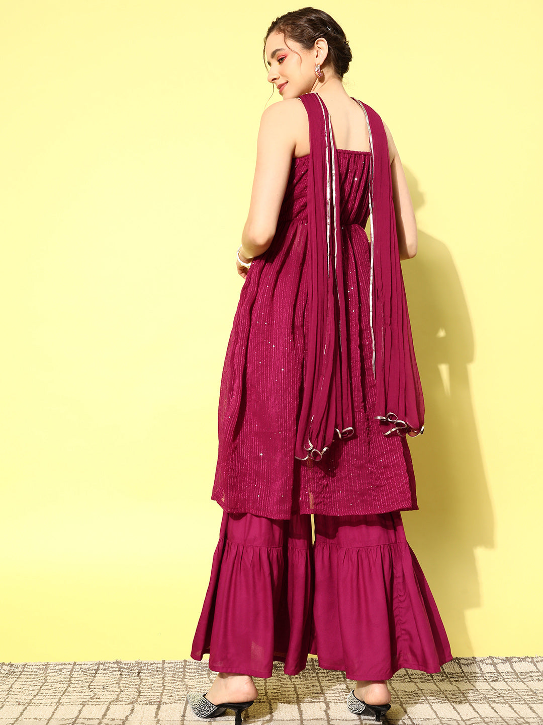 InWeave Women's Maroon Gota Insert Neckline Sharara Set | Grocsy