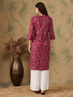 InWeave Women's Burgundy Maroon Print V Neck Lace Work Straight Kurta | Grocsy