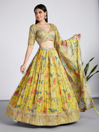 House of Panchhi Mustard Colour Organza Floral Design Digital Print Lehenga Choli & Dupatta | Grocsy