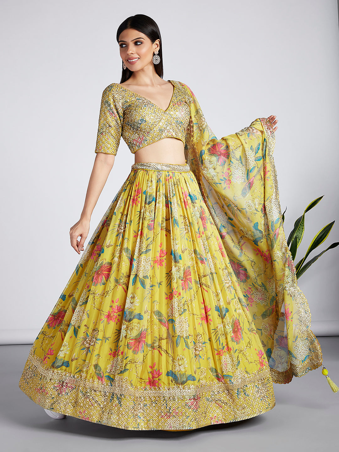 House of Panchhi Mustard Colour Organza Floral Design Digital Print Lehenga Choli & Dupatta | Grocsy
