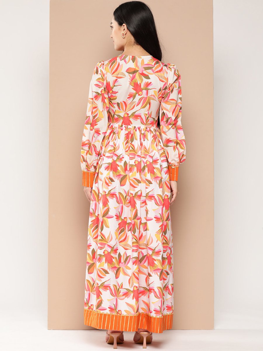 Ahalyaa Floral Printed Tie-Ups Crepe Empire Ethnic Dress | Grocsy