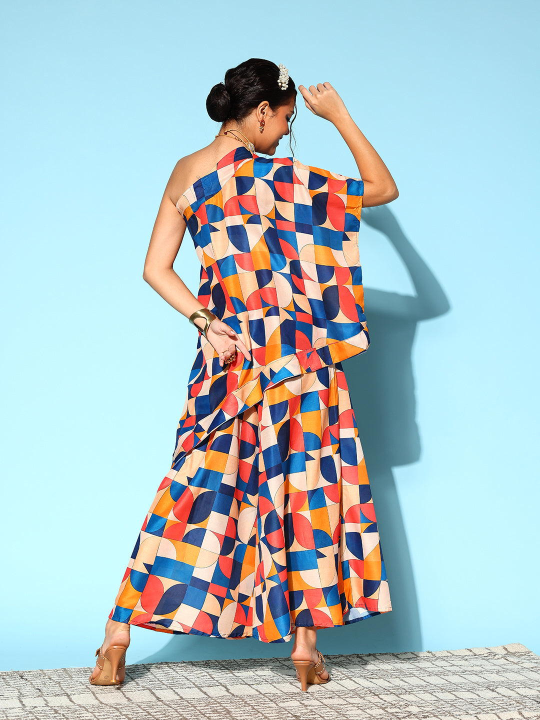 InWeave Women's Multi Geometric Print One Shoulder Top With Palazzo Set | Grocsy
